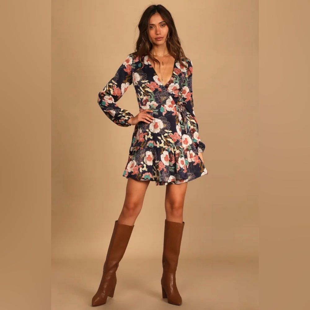 NWT Lulus Floral Wrap Dress Navy Satin Long Sleeve Mini Dress